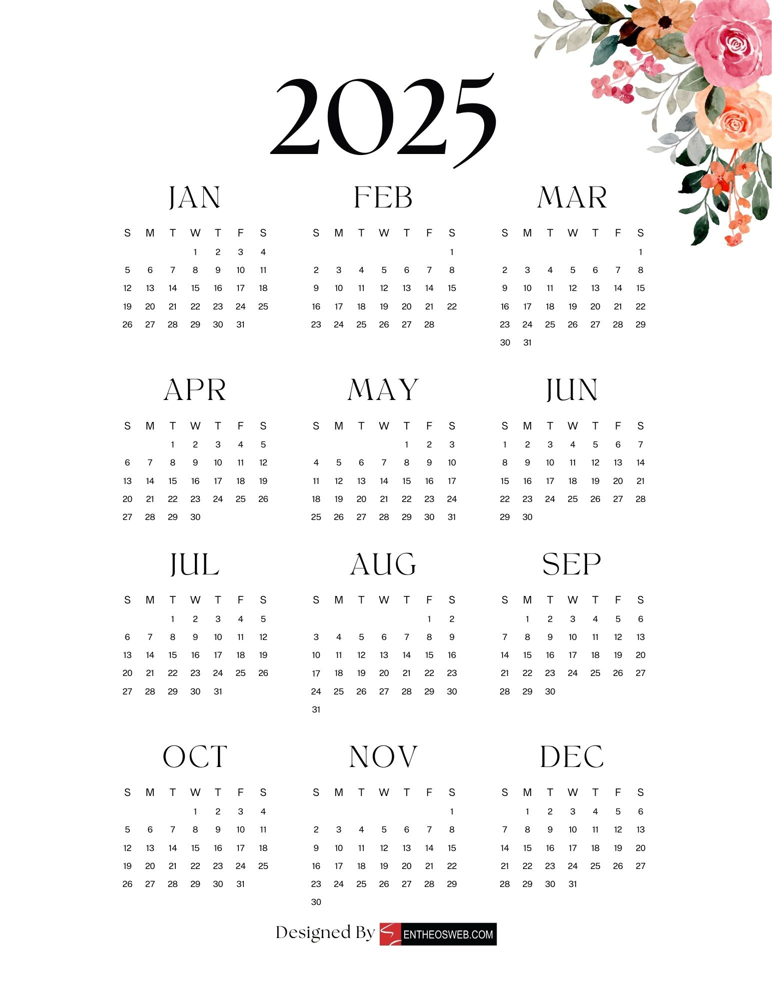 2025 Pdf Calendars – Free Printable Downloads | Entheosweb with 2025 1 Page Calendar Printable