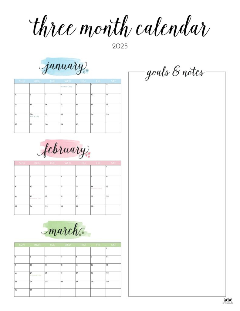 2025 Three Month/Quarterly Calendars - 36 Free Cals | Printabulls in Printable 3 Month Calendar December January February 2025