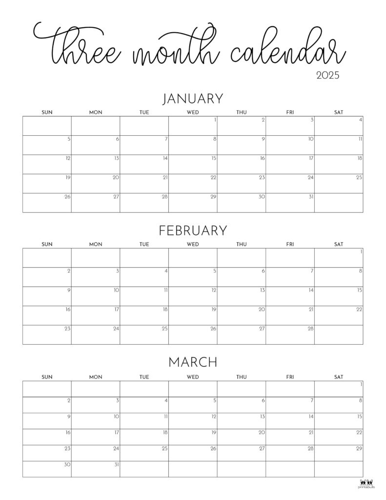 2025 Three Month/Quarterly Calendars - 36 Free Cals | Printabulls intended for Printable 3 Month Calendar December January February 2025