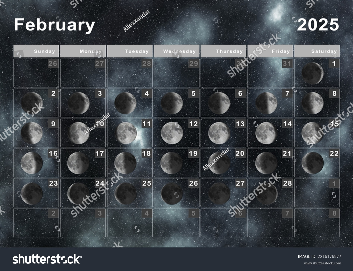 Februar 2025 Mondkalender, Mondzyklen, Mondphasen in February 2025 Moon Calendar