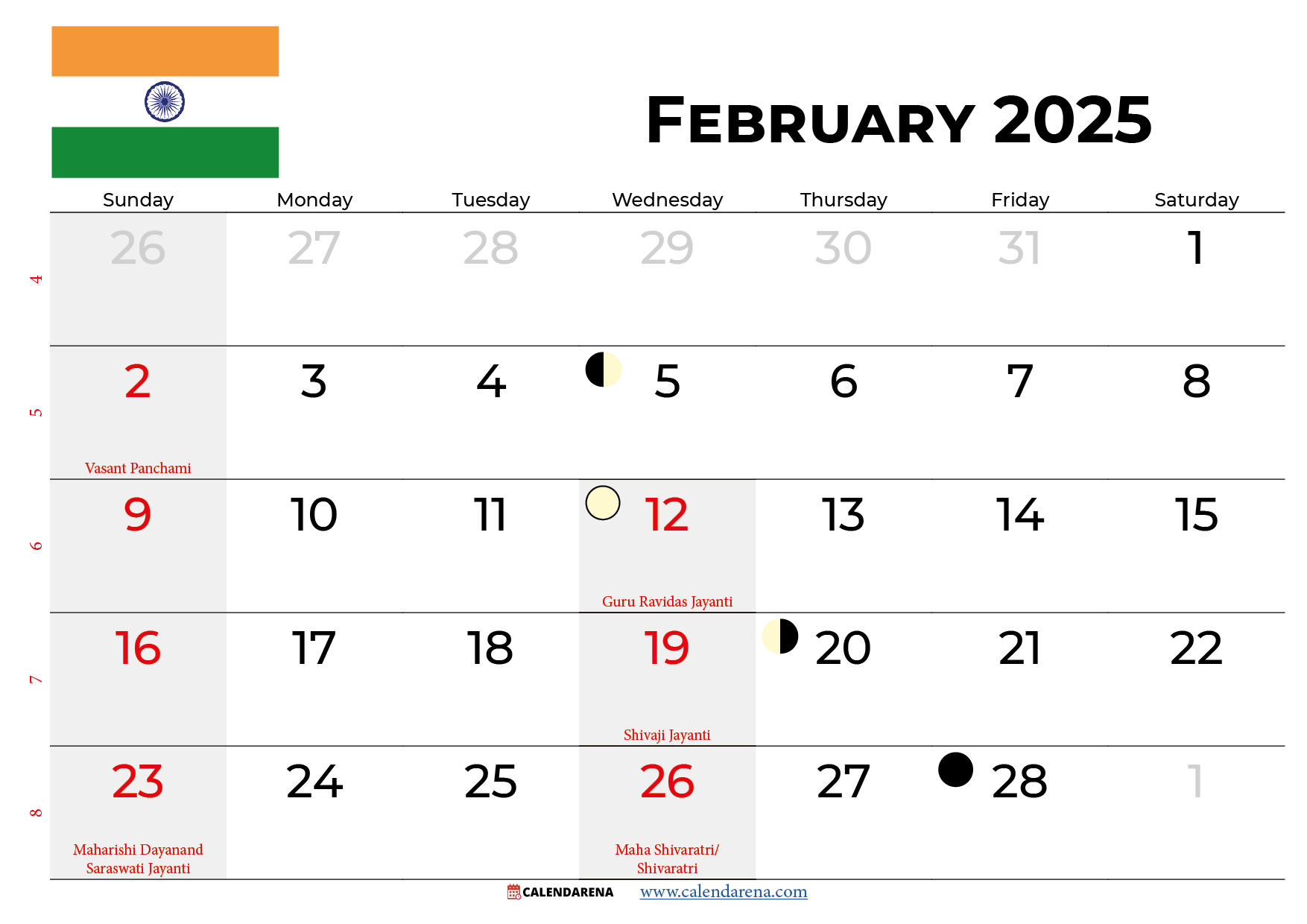 February 2025 Calendar India for Calendar February Month 2025