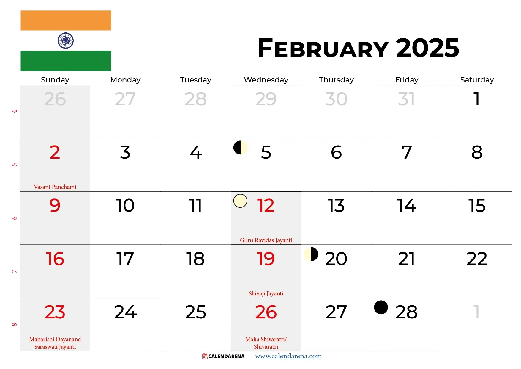 February 2025 Calendar India for February Holidays 2025 Calendar