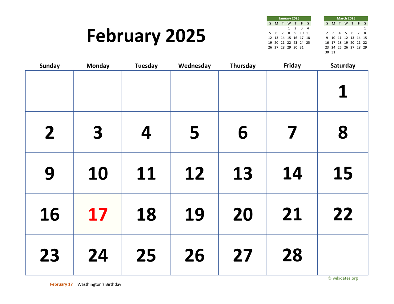 February 2025 Calendar With Extra-Large Dates | Wikidates within February 24Th Calendar 2025