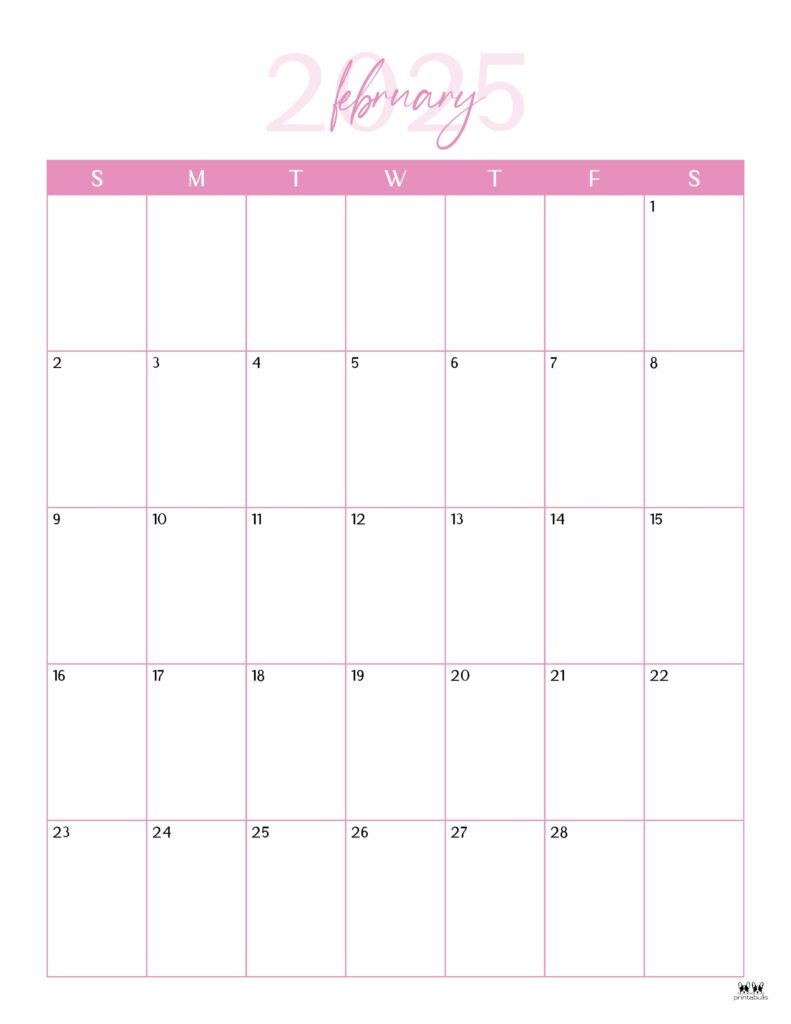 February 2025 Calendars - 107 Free Printables | Printabulls inside Feb 25 Calendar Printable