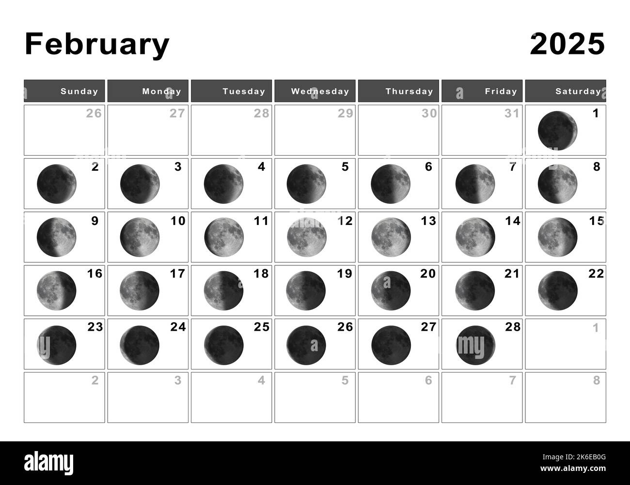 February 2025 Lunar Calendar, Moon Cycles, Moon Phases Stock Photo for Moon Calendar February 2025