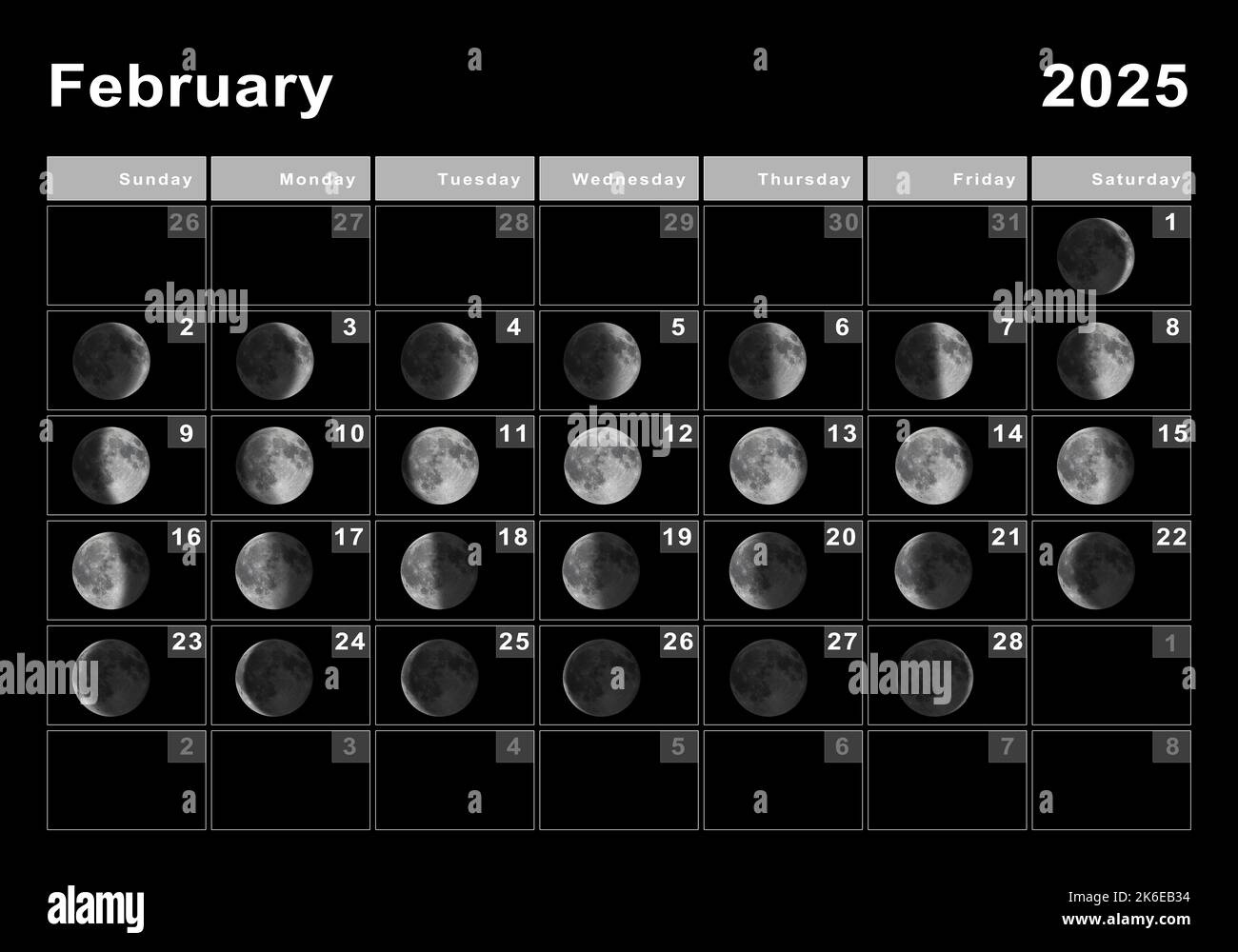 February 2025 Lunar Calendar, Moon Cycles, Moon Phases Stock Photo inside Moon Calendar February 2025