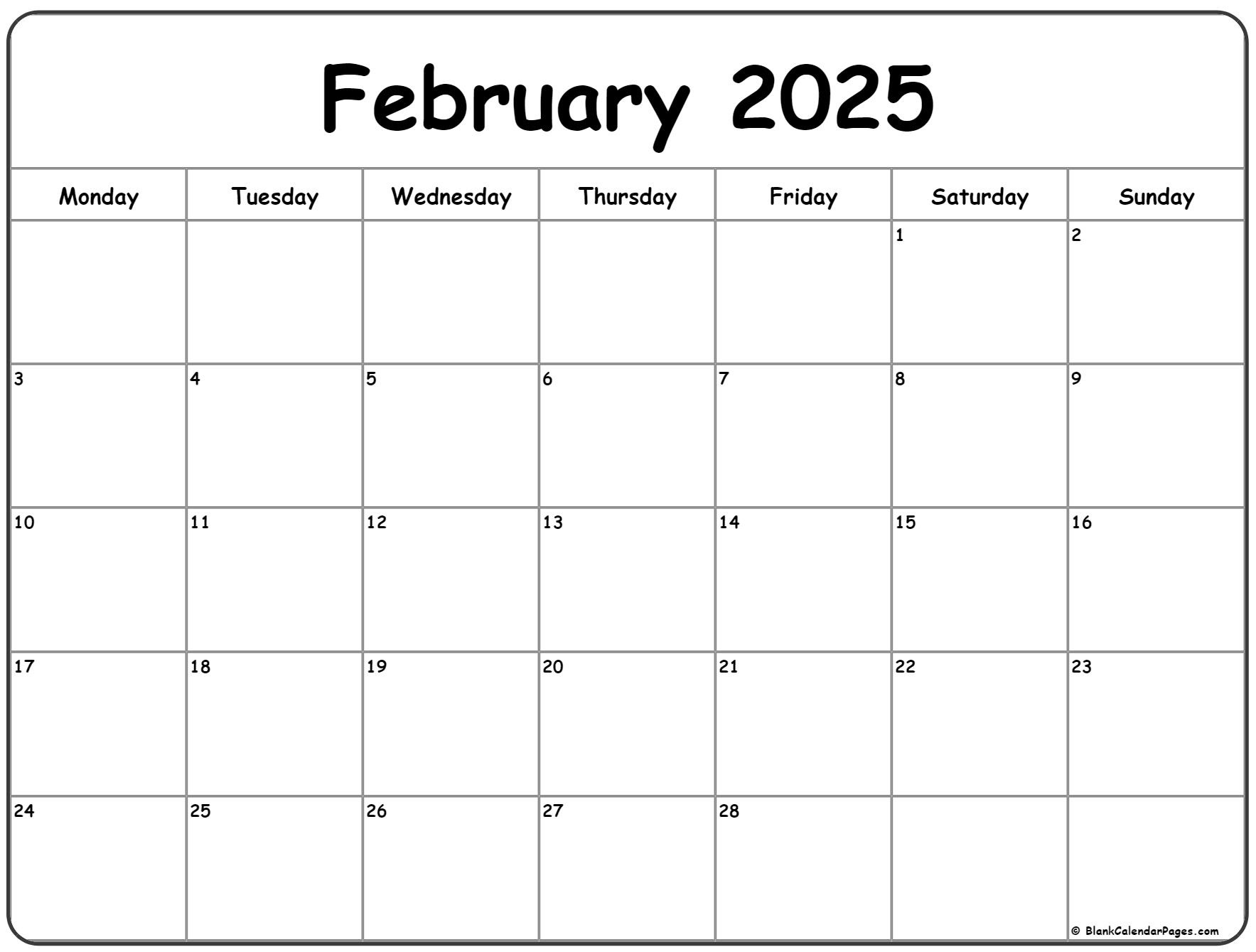 February 2025 Monday Calendar | Monday To Sunday regarding February 2025 Calendar Monday Start