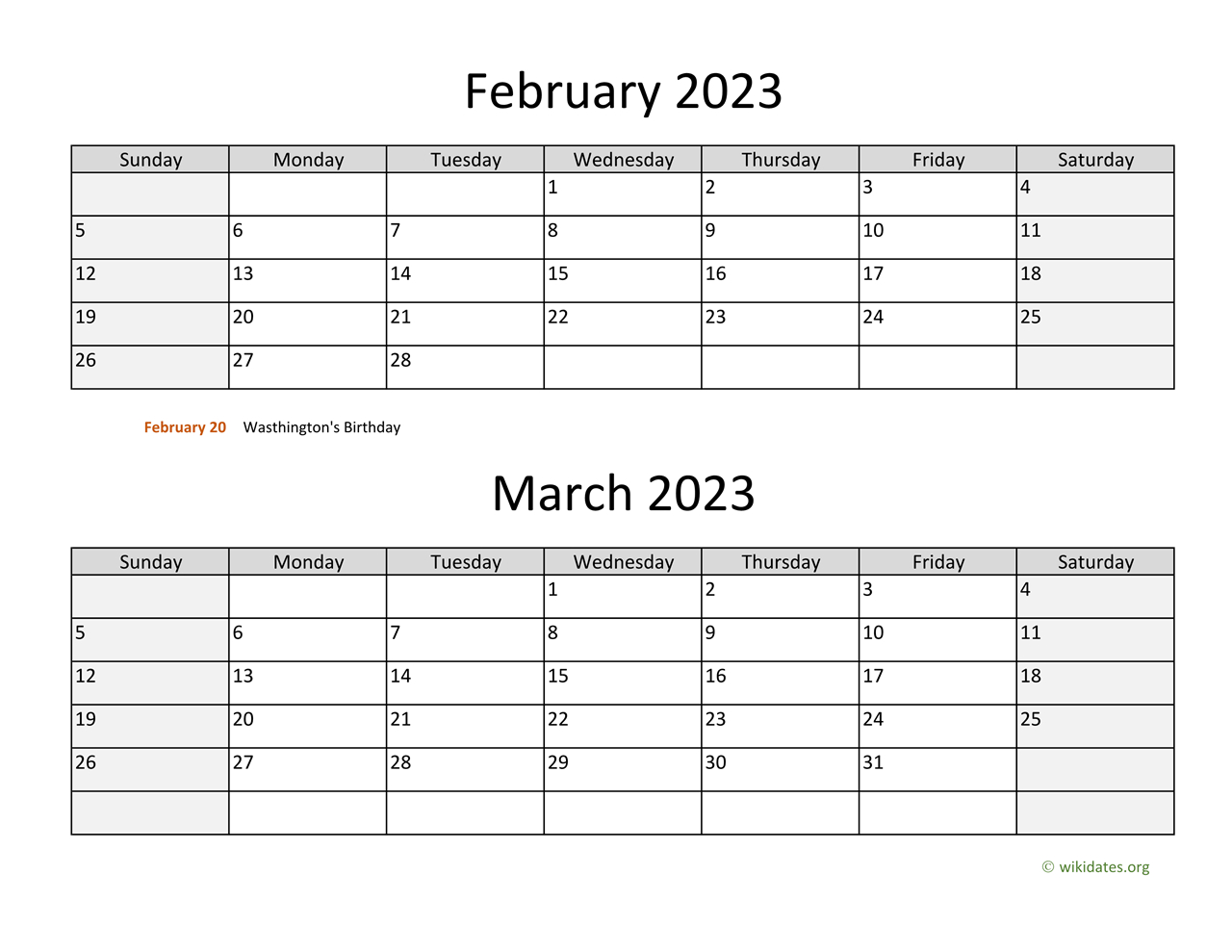 February And March 2023 Calendar | Wikidates for February and March Calendar