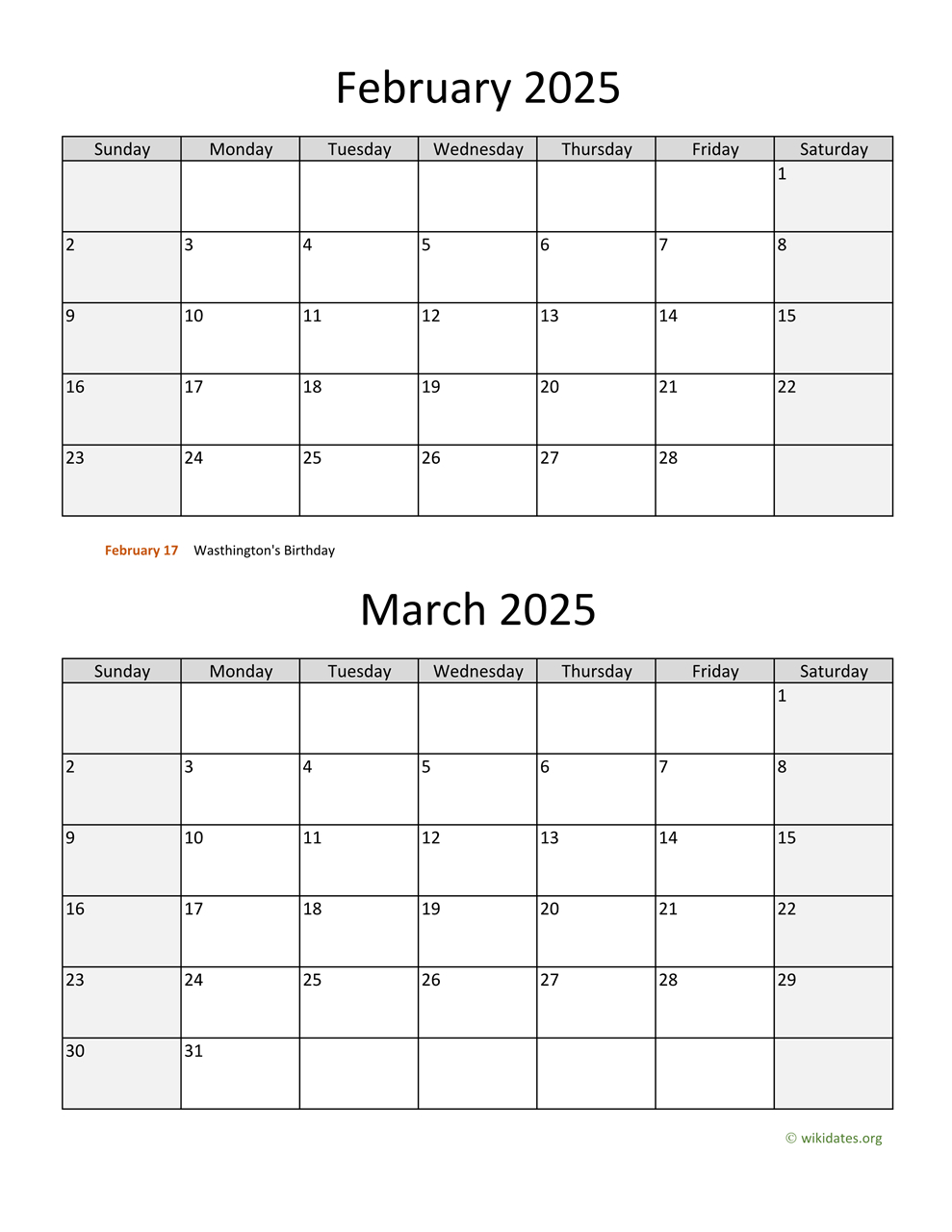 February And March 2025 Calendar | Wikidates for February And March 2025 Printable Calendar