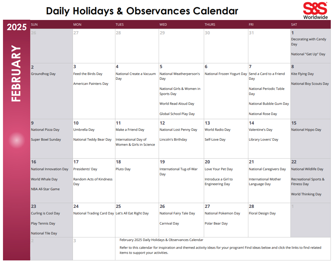 February Daily Holidays &amp;amp; Observances Printable Calendar - S&amp;amp;S Blog regarding Calendar February Holidays