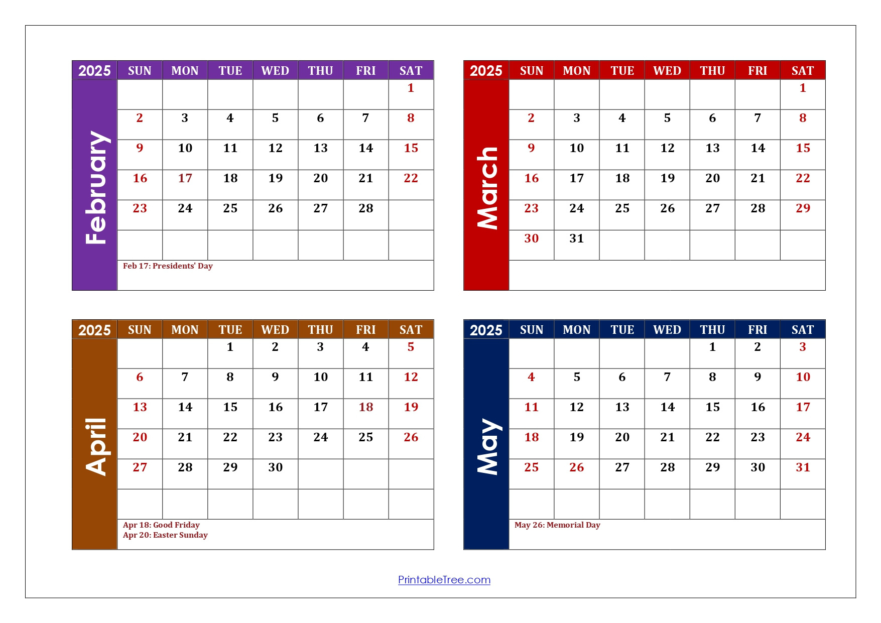 February To May 2025 Calendar Printable Pdf | Four Months Calendar with February to May 2025 Calendar