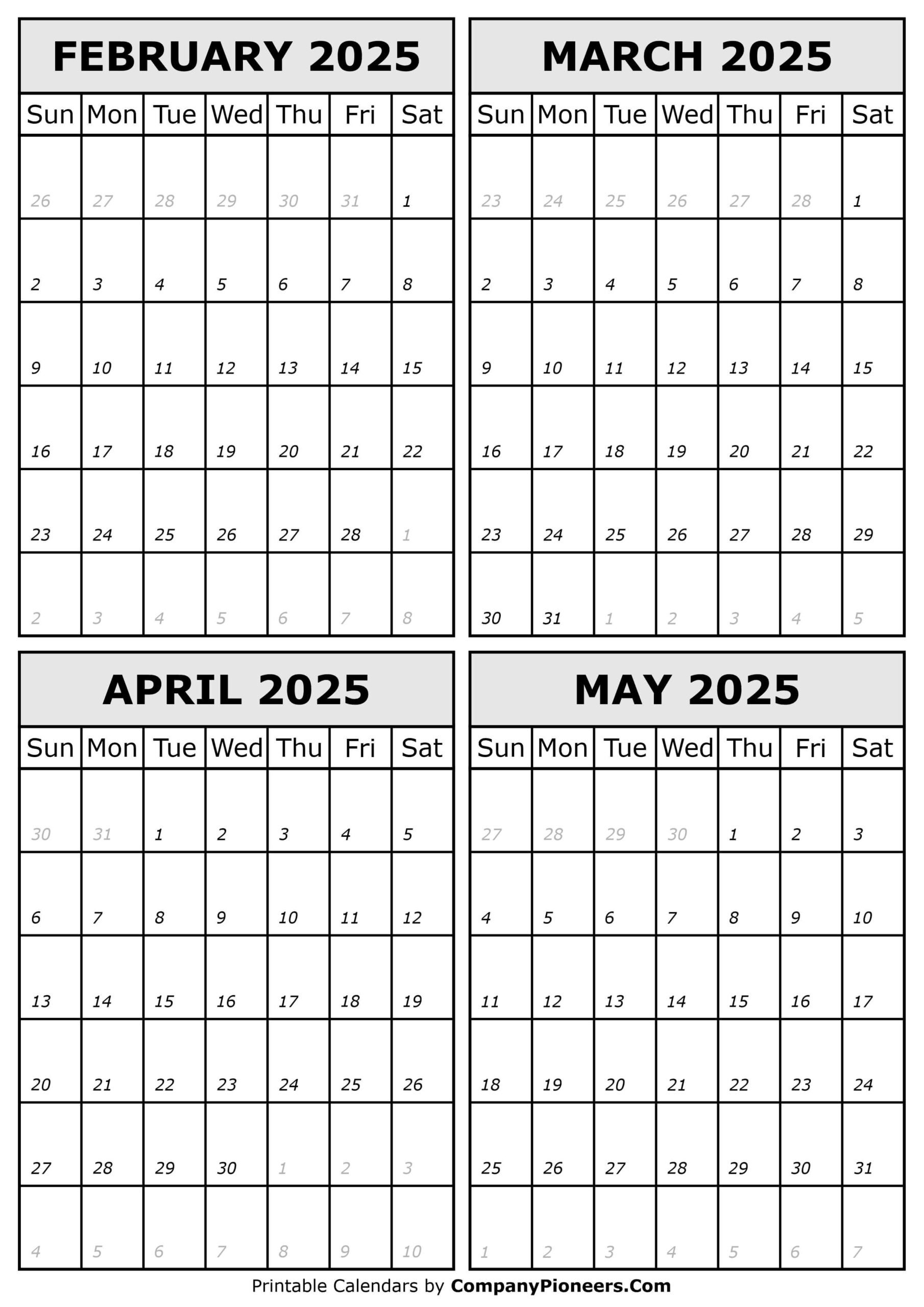 February To May 2025 Calendar Printable - Template throughout February to May 2025 Calendar