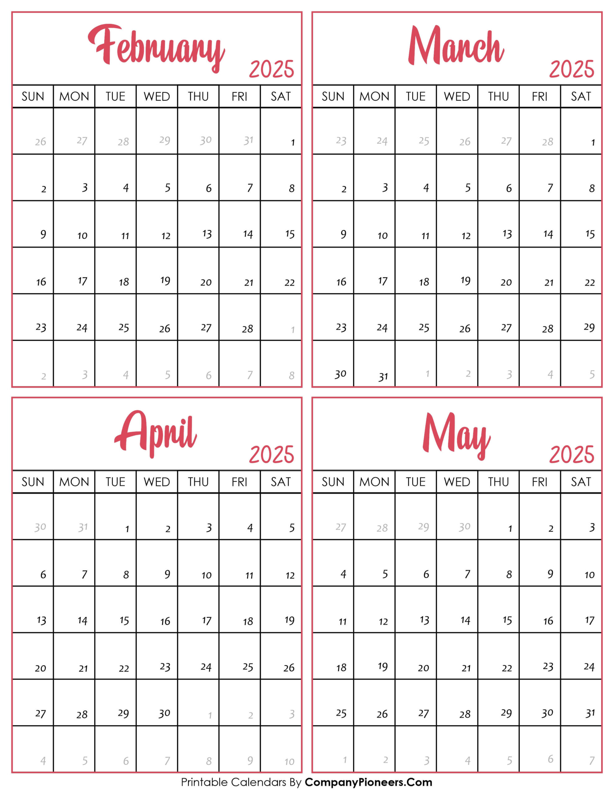 February To May 2025 Calendar Printable - Template with regard to February to May 2025 Calendar