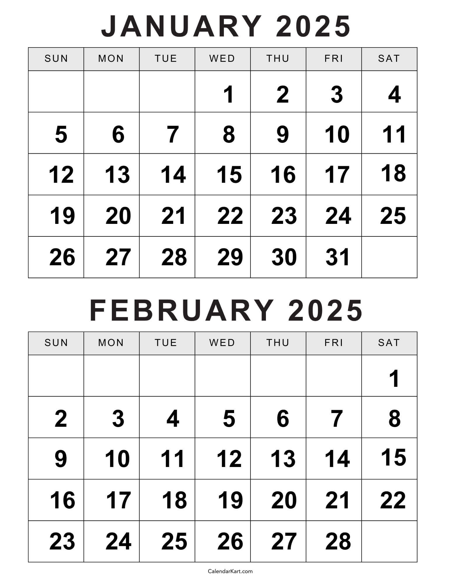 Free Printable January February Calendar 2025 - Calendarkart for January And February Printable Calendar 2025