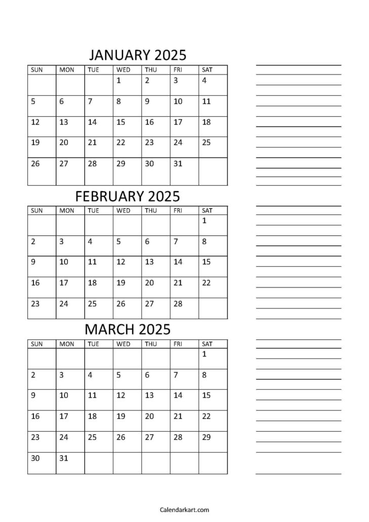 January February March Calendar 2025