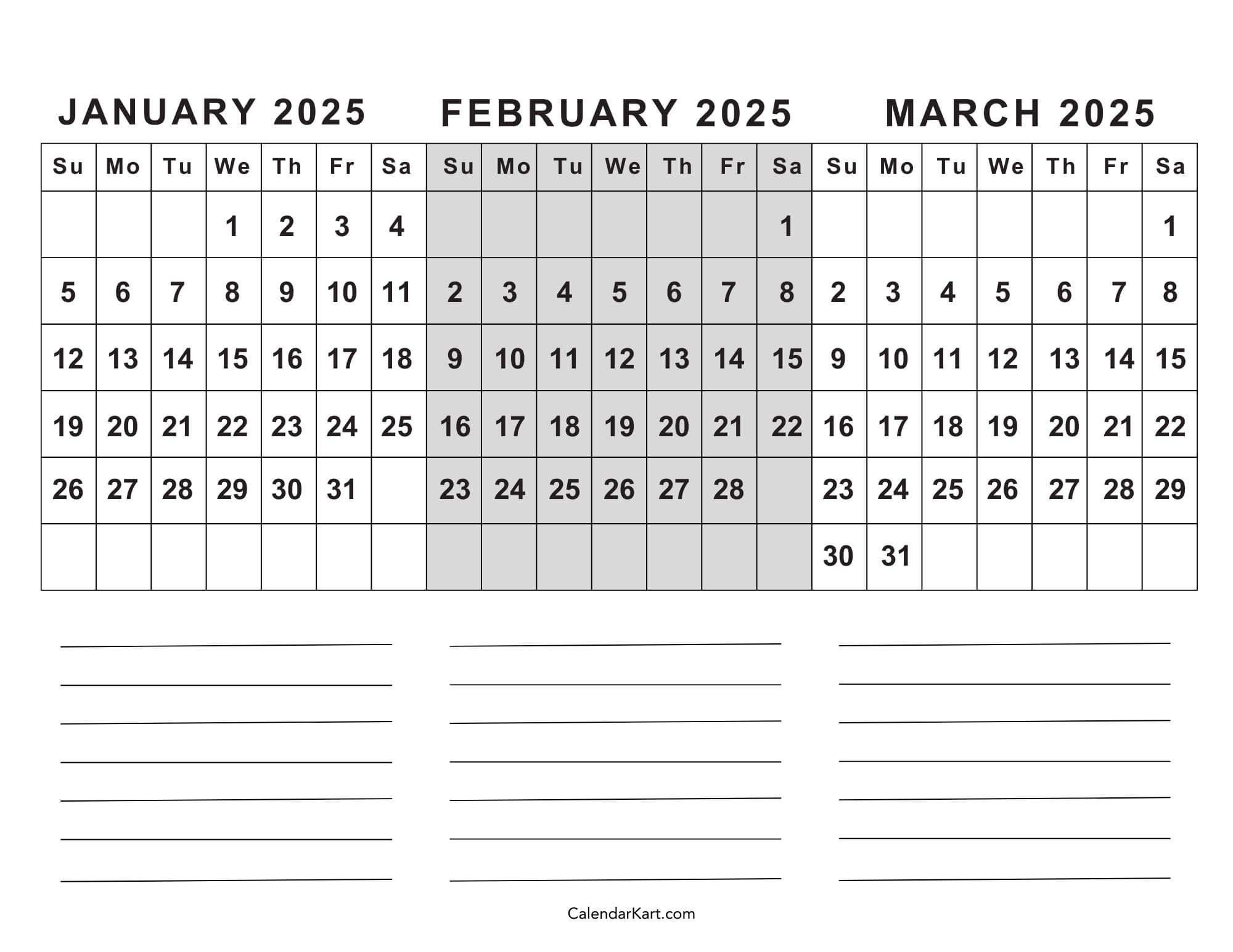 Free Printable January To March 2025 Calendar - Calendarkart in January February March Calendar 2025