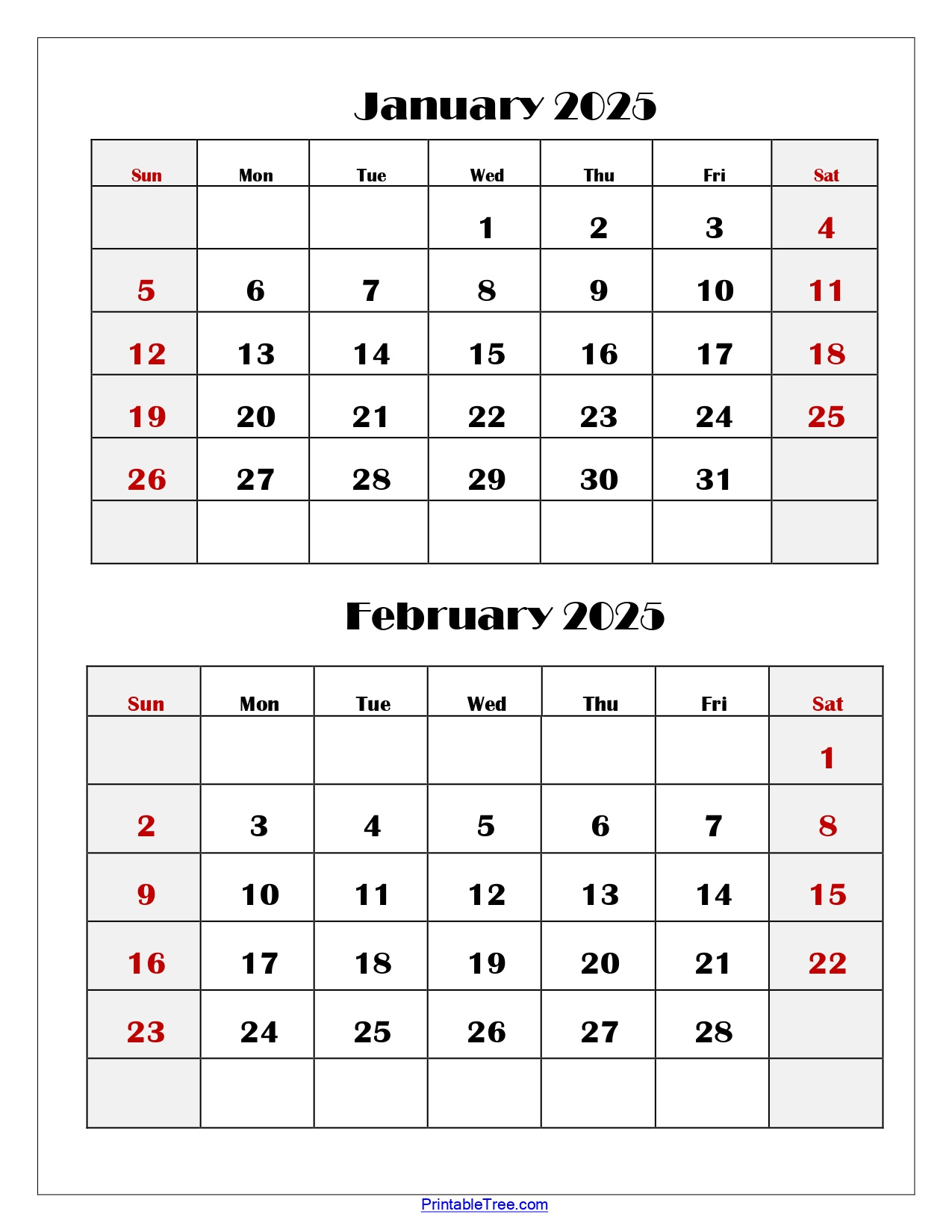 January And February 2025 Calendar | Two Months Calendar for 2025 January and February Calendar