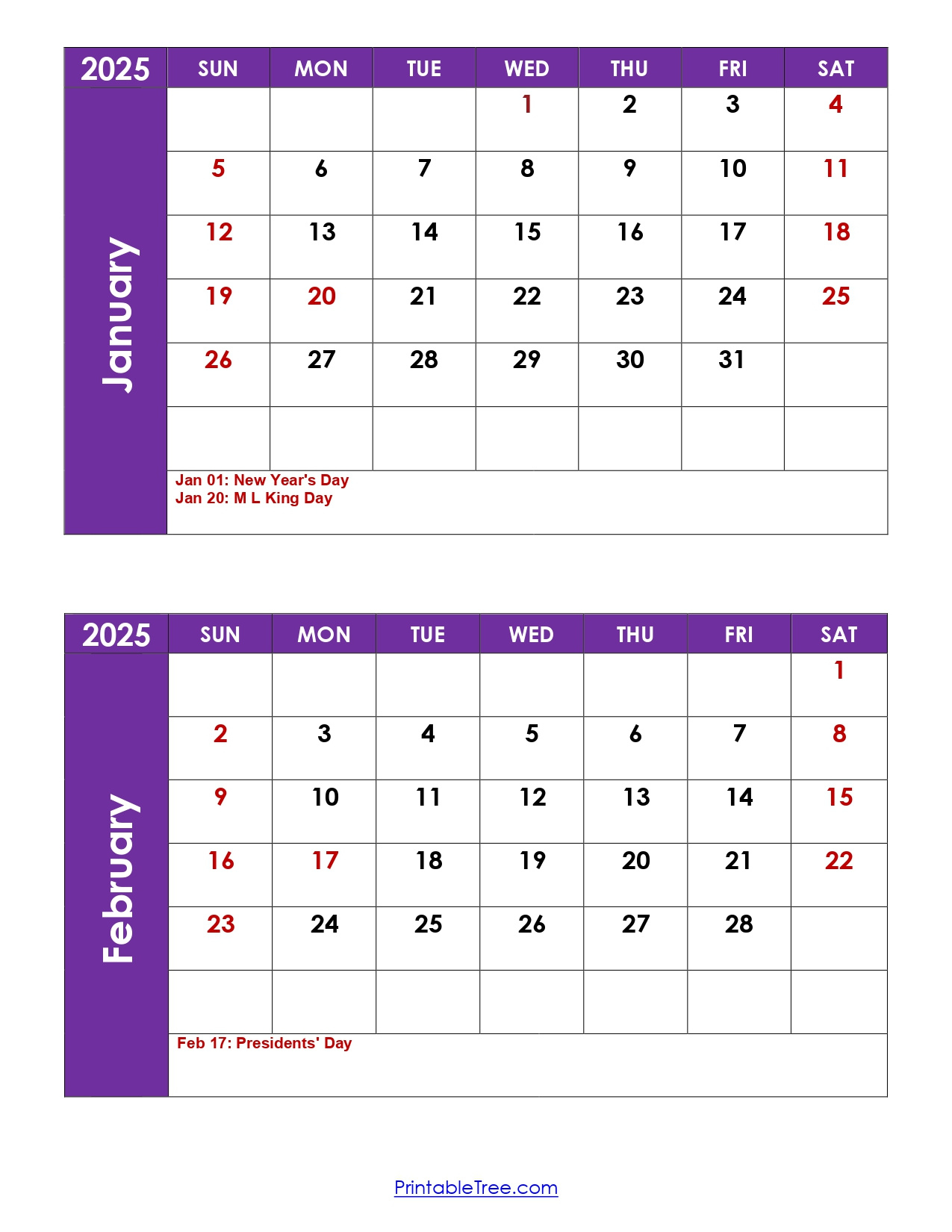 January And February 2025 Calendar | Two Months Calendar for Calendar January February 2025