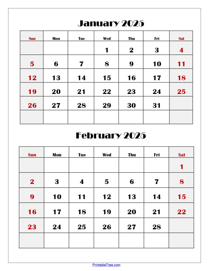 Printable January and February Calendar 2025