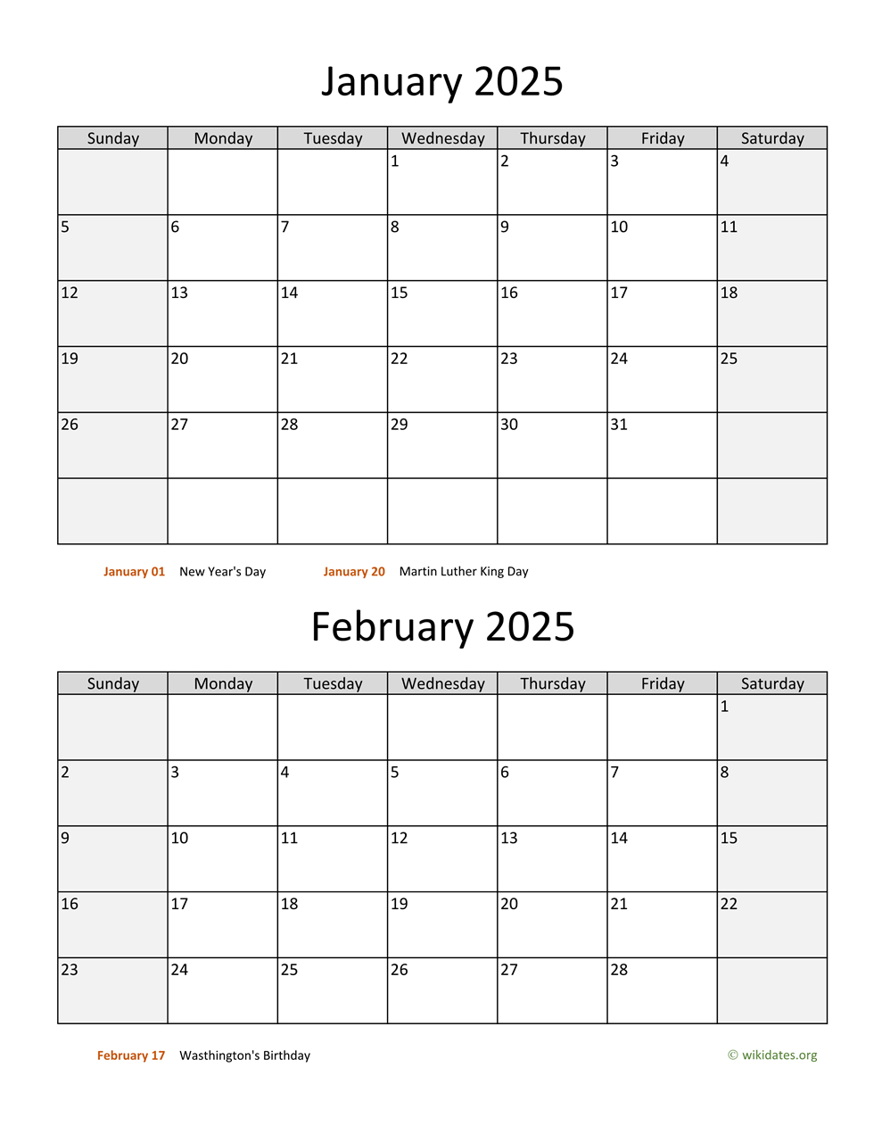 January And February 2025 Calendar | Wikidates for January And February 2025 Calendar