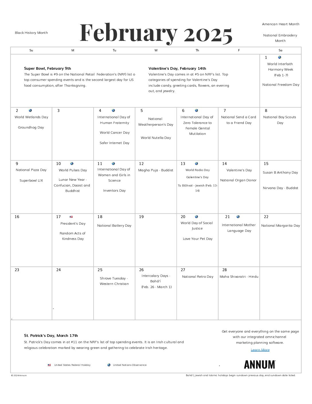 Printable February 2025 Calendar | February Holidays | Annum in February 2025 Calendar National Days