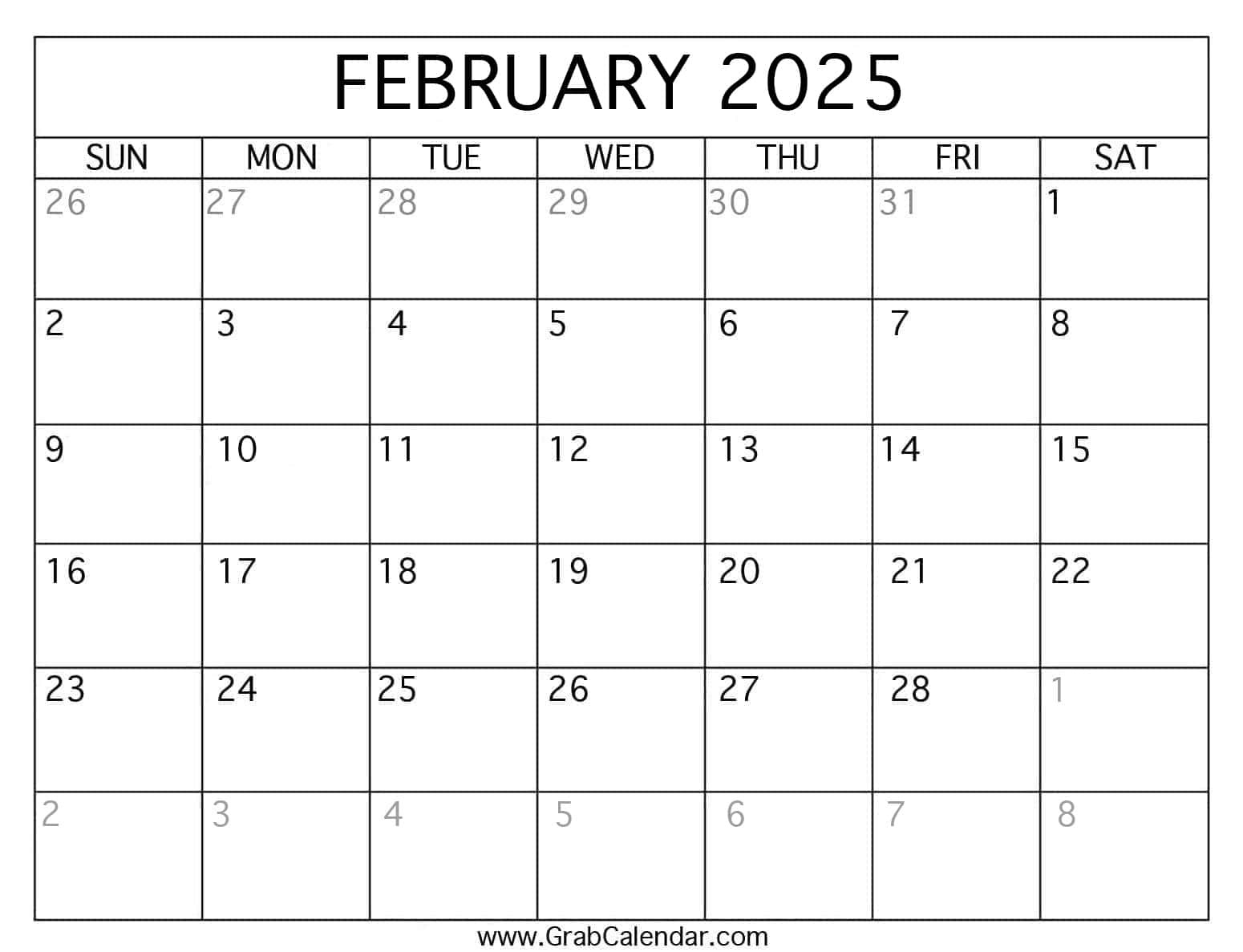 Printable February 2025 Calendar inside Blank Feb 2025 Calendar Printable