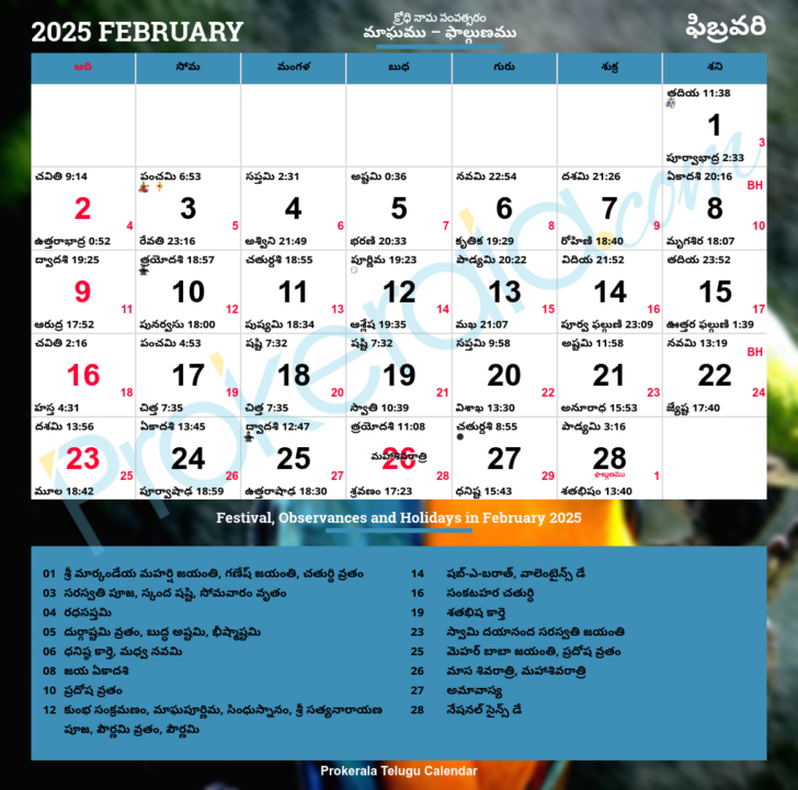 February 2025 Calendar Telugu