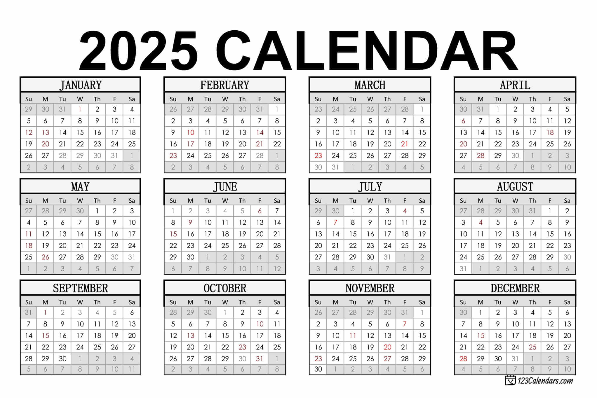 Year 2025 Calendar Templates | 123Calendars inside February 2025 Calendar 123Calendars