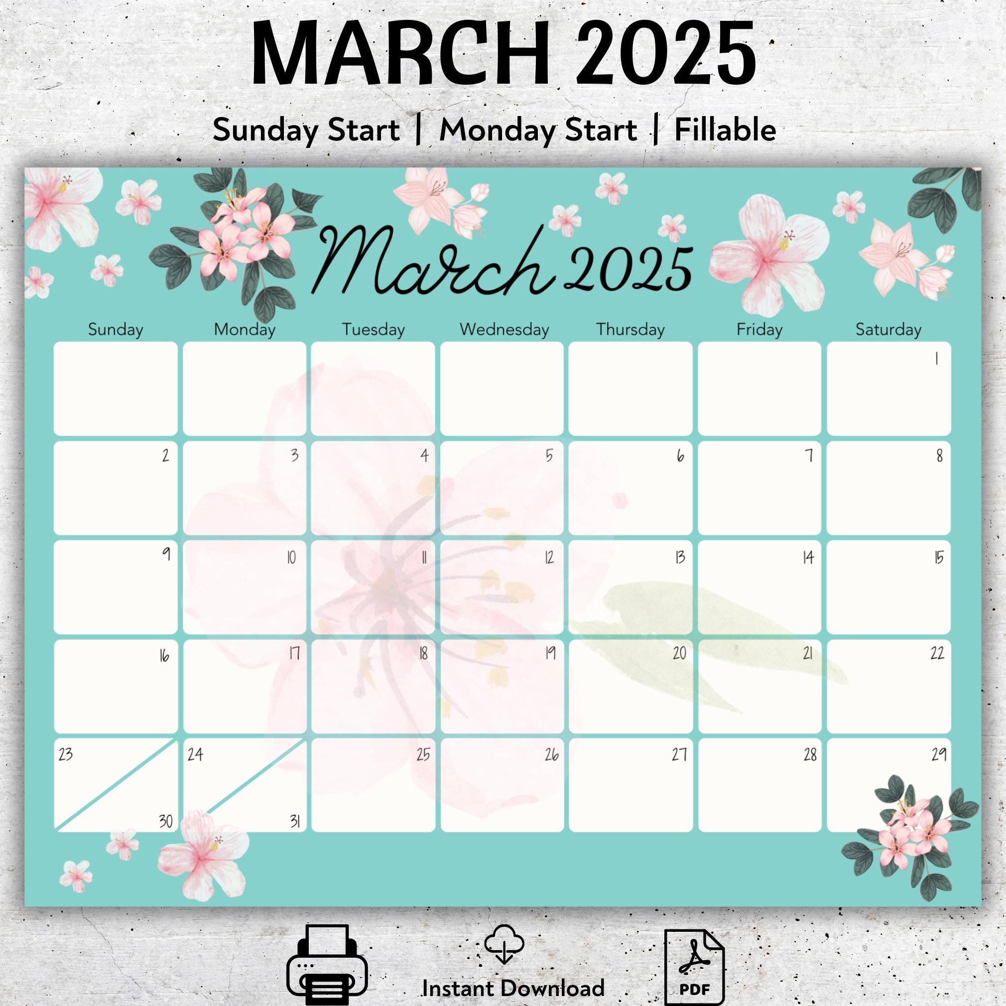 Bearbeitbarer Druckbarer 2025-Märzkalender, 2025-Märzplaner in March Blank Printable Calendar 2025