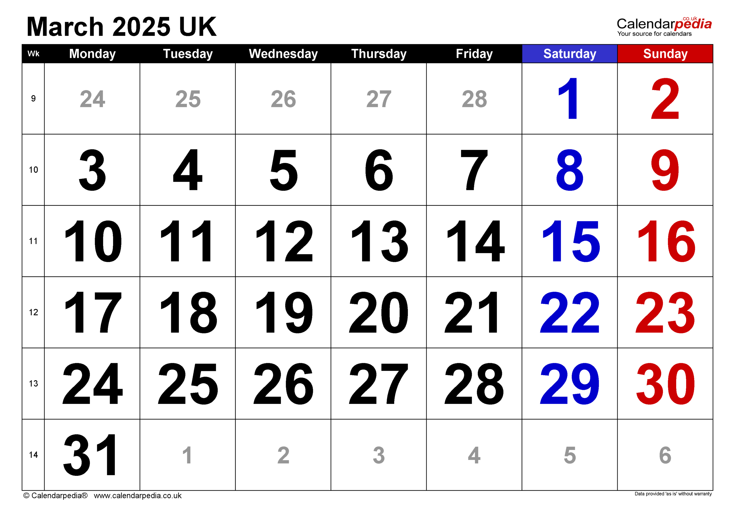 Calendar March 2025 Uk With Excel, Word And Pdf Templates in Calendar Month of March 2025