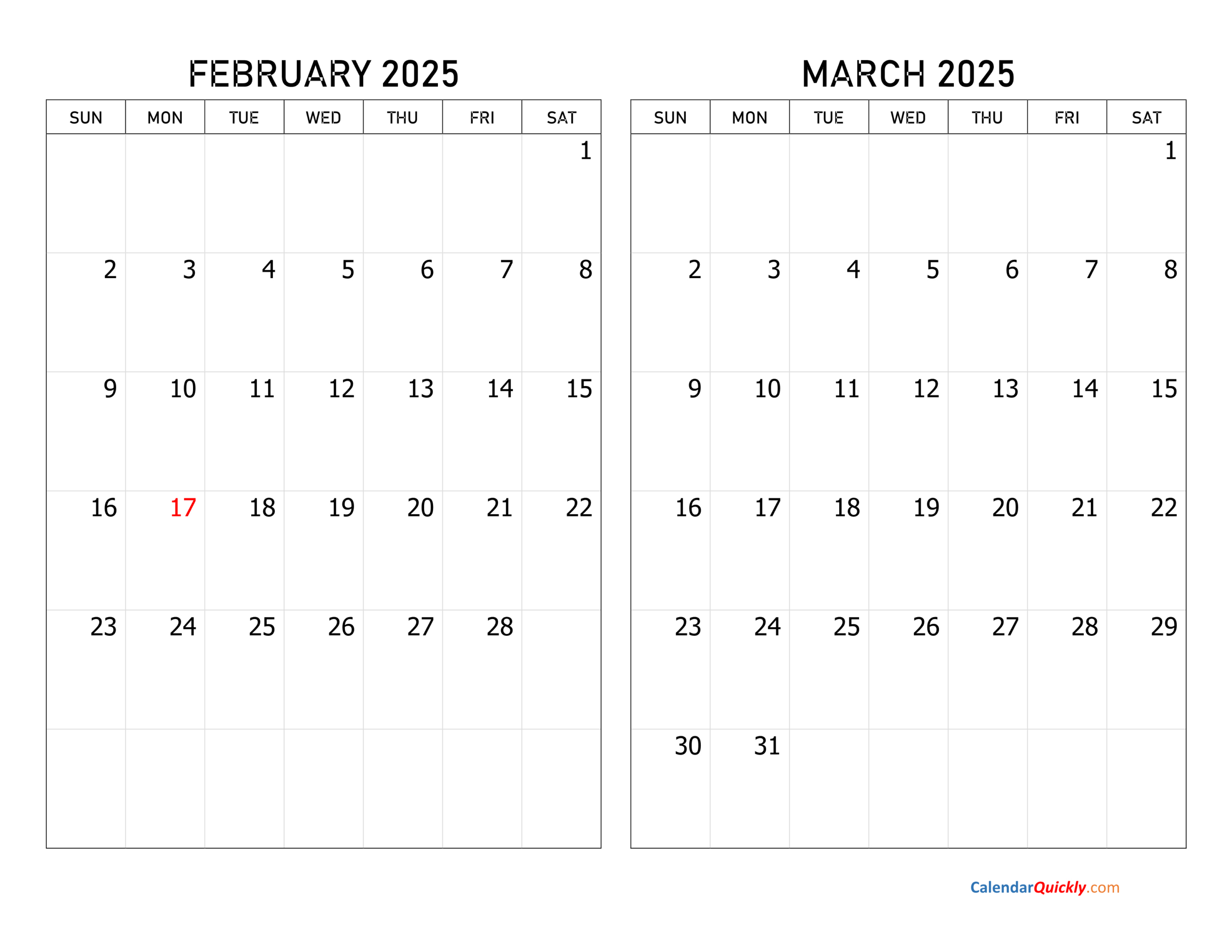 February And March 2025 Calendar | Calendar Quickly in February and March Calendar Printable 2025