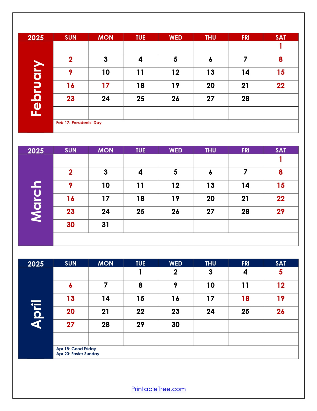 February To April 2025 Calendar Printable Pdf | Three Months Calendar for Feb March April 2025 Calendar