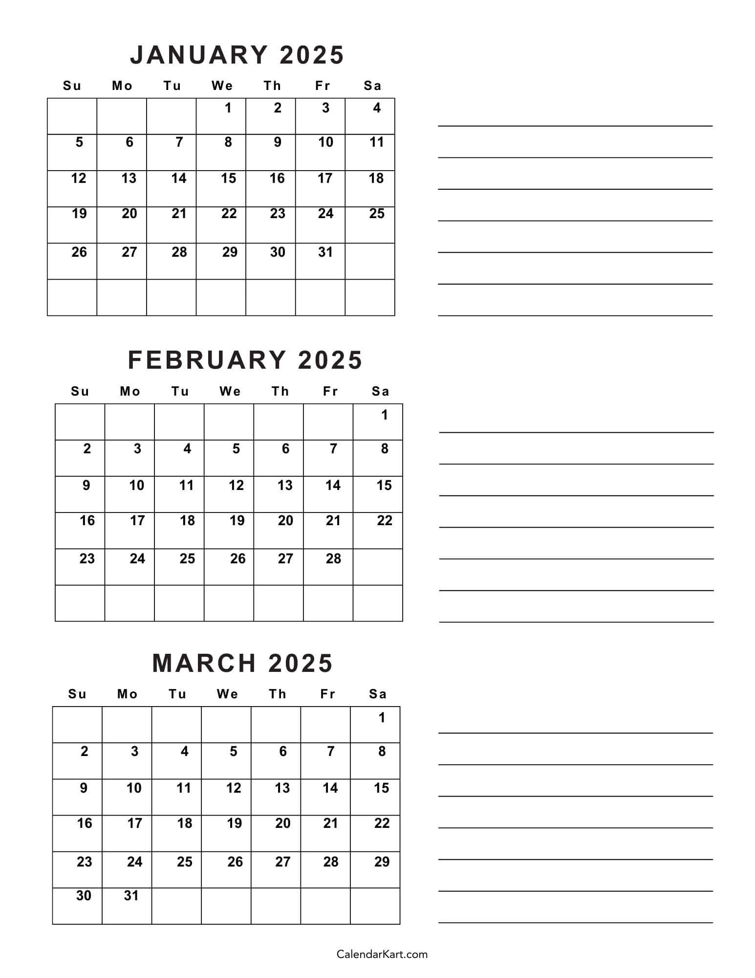 Free Printable January To March 2025 Calendar - Calendarkart pertaining to Jan Feb and March 2025 Calendar Fre Printable