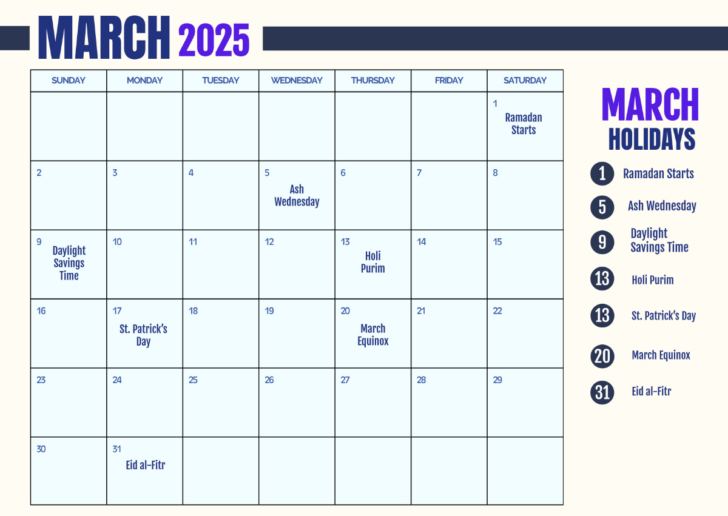 March 2025 Calendar with Holidays Printable Free