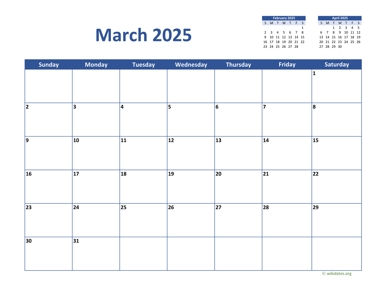 March 2025 Calendar Classic | Wikidates for March 2025 Printable Calendar Wiki