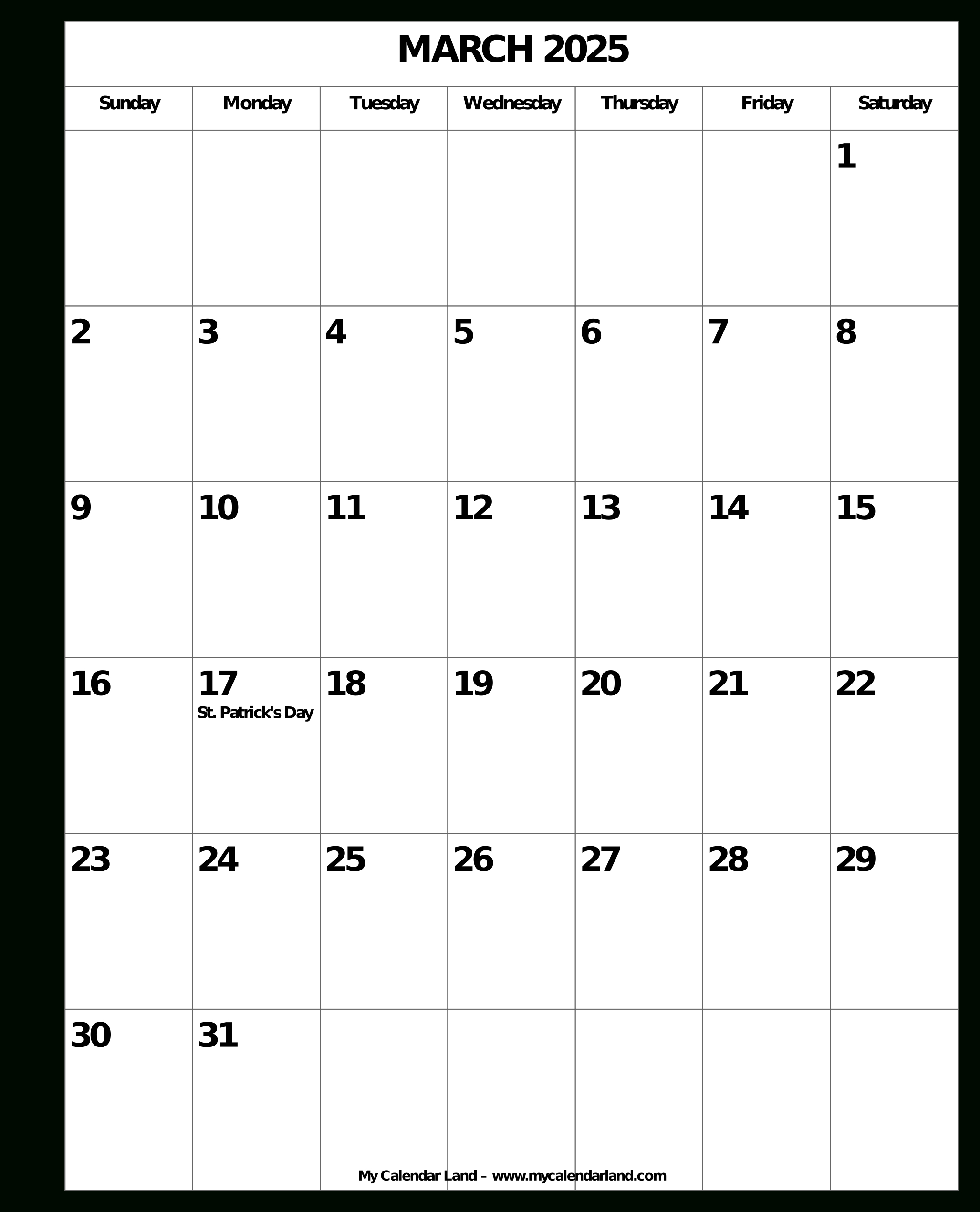 March 2025 Calendar – My Calendar Land for Printable Blank March Calendar 2025