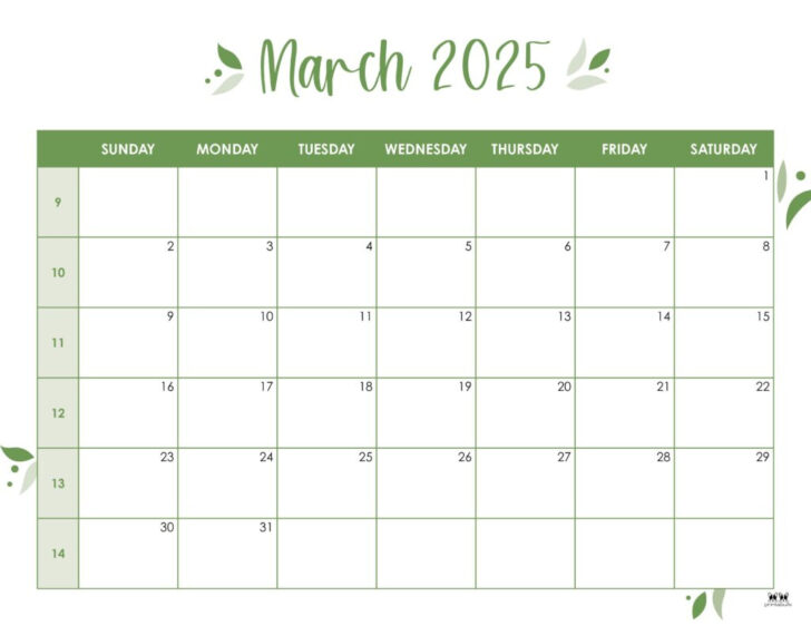 Month of March Calendar Printable 2025