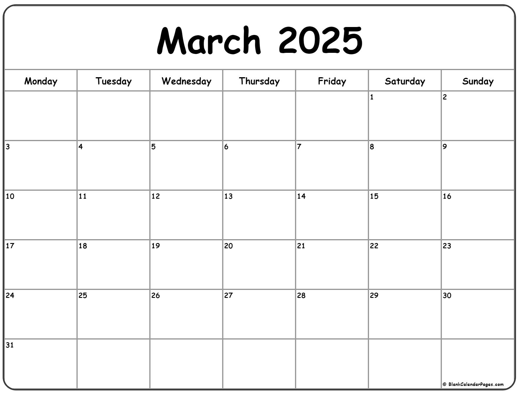 March 2025 Monday Calendar | Monday To Sunday intended for Printable Calendar March 2025 Monday Start