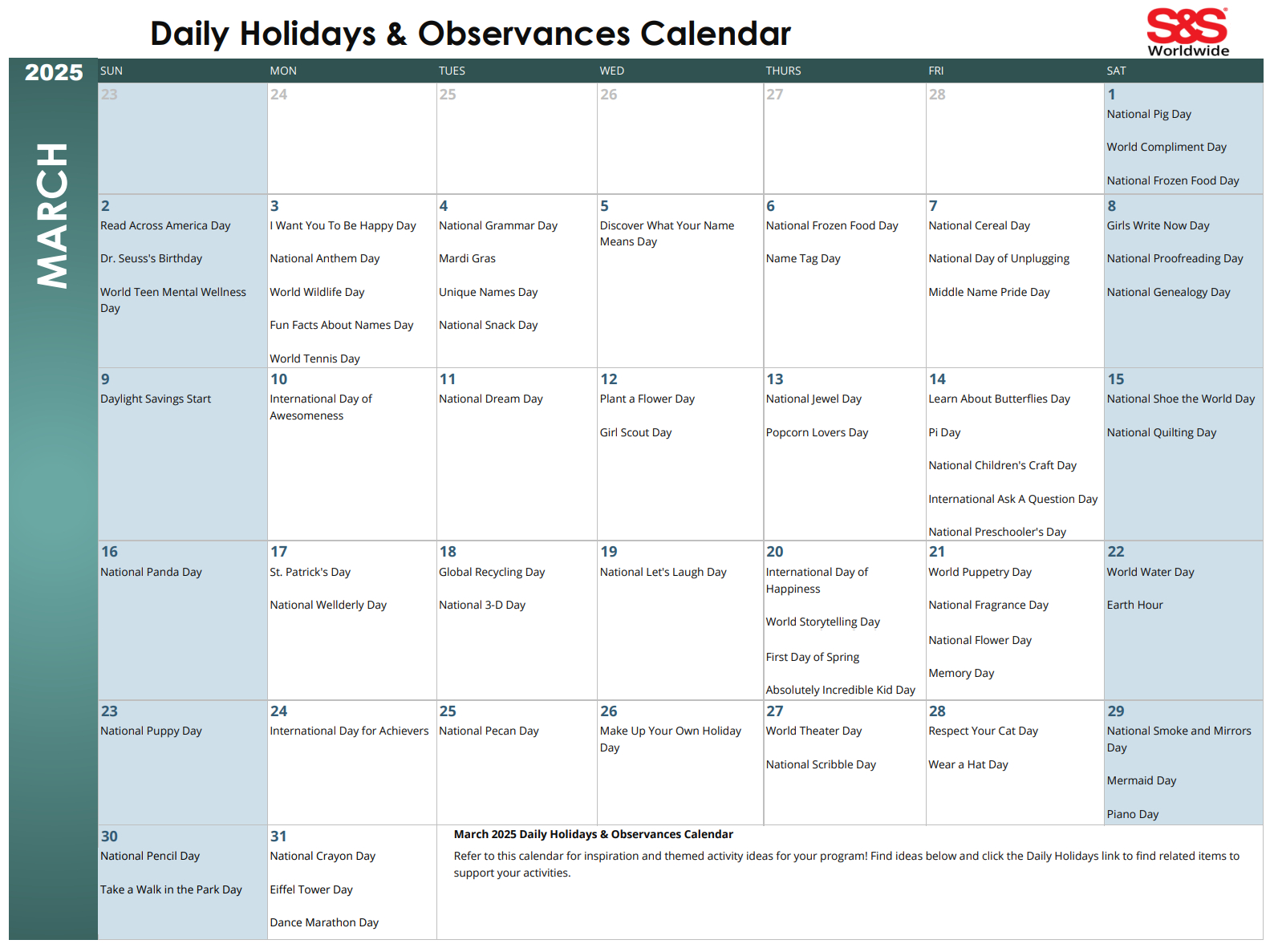 March Daily Holidays &amp;amp; Observances Printable Calendar - S&amp;amp;S Blog pertaining to National Day Calendar March 2025