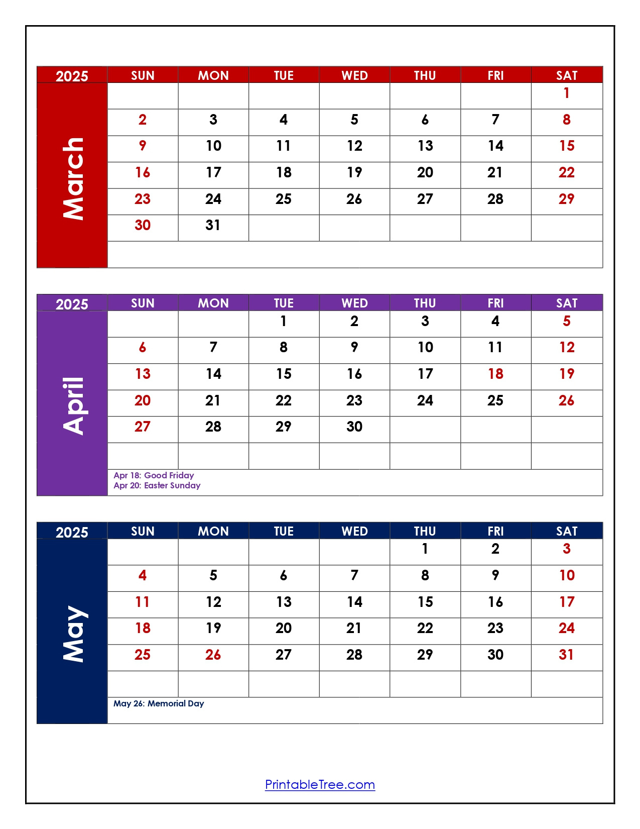 March To May 2025 Calendar Printable Pdf | Three Months Calendar for Printable March April May 2025 Calendar