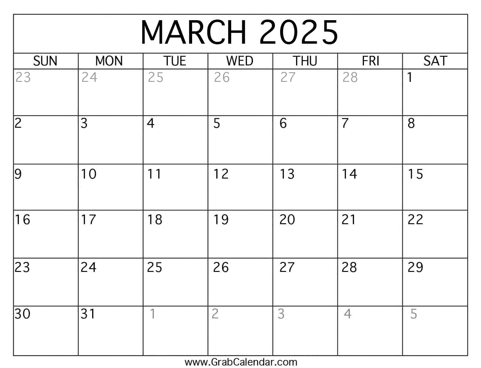 Printable March 2025 Calendar inside Blank Printable March 2025 Calendar