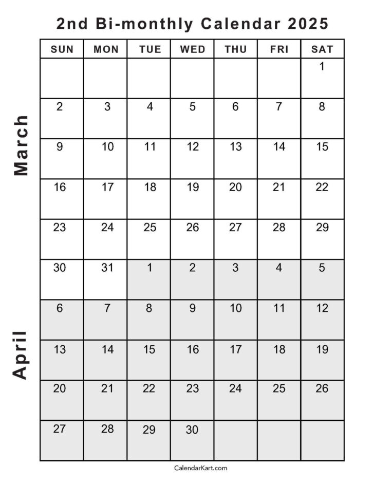 March and April Calendar Printable 2025