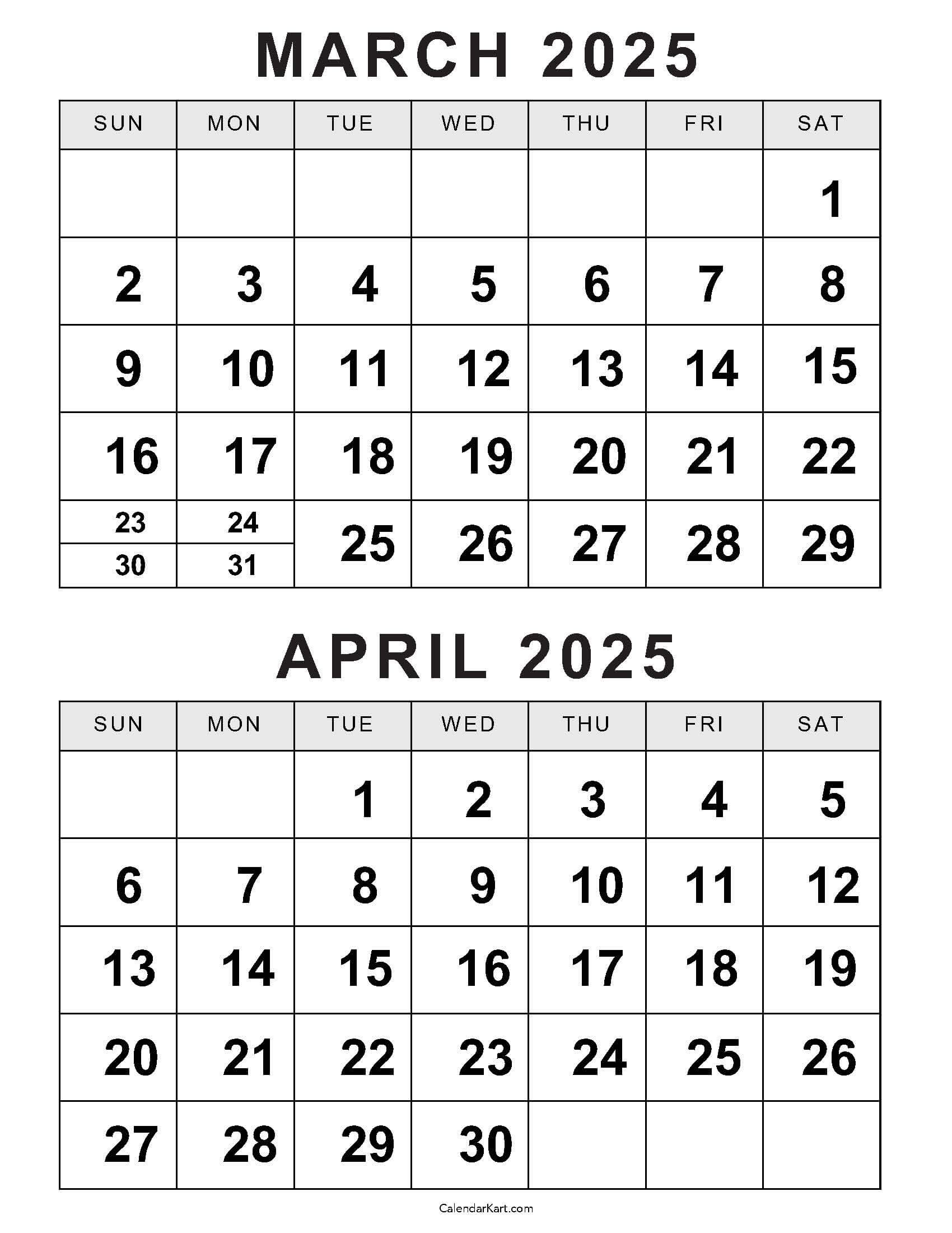 Printable March April 2025 Calendar | Calendarkart inside March and April Printable Calendar 2025