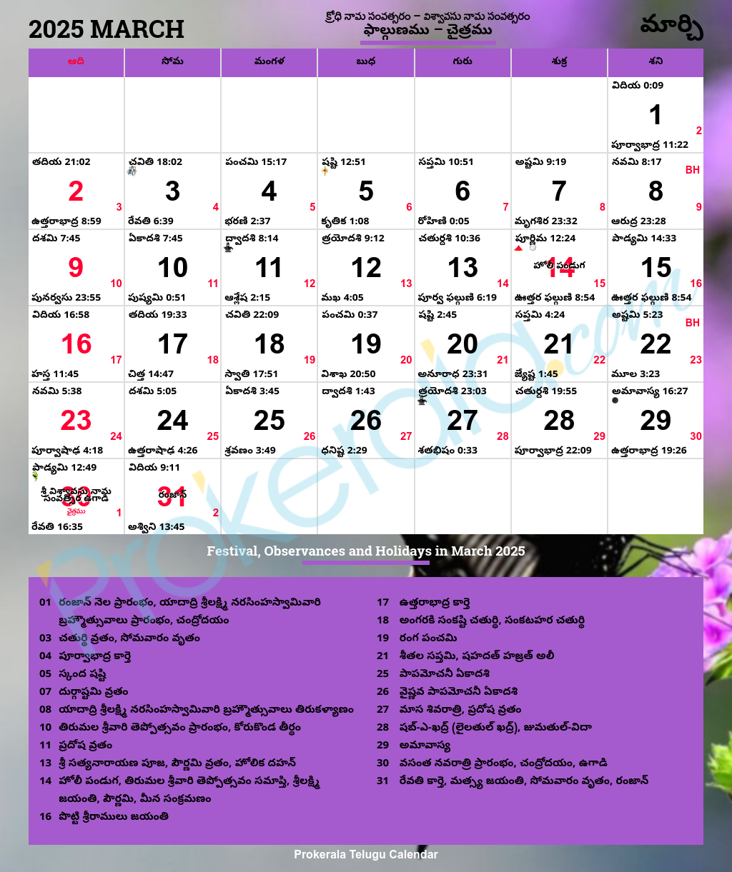 Telugu Calendar March, 2025 | మార్చి, 2025 క్యాలెండర్ in Telugu Calendar 2025 March