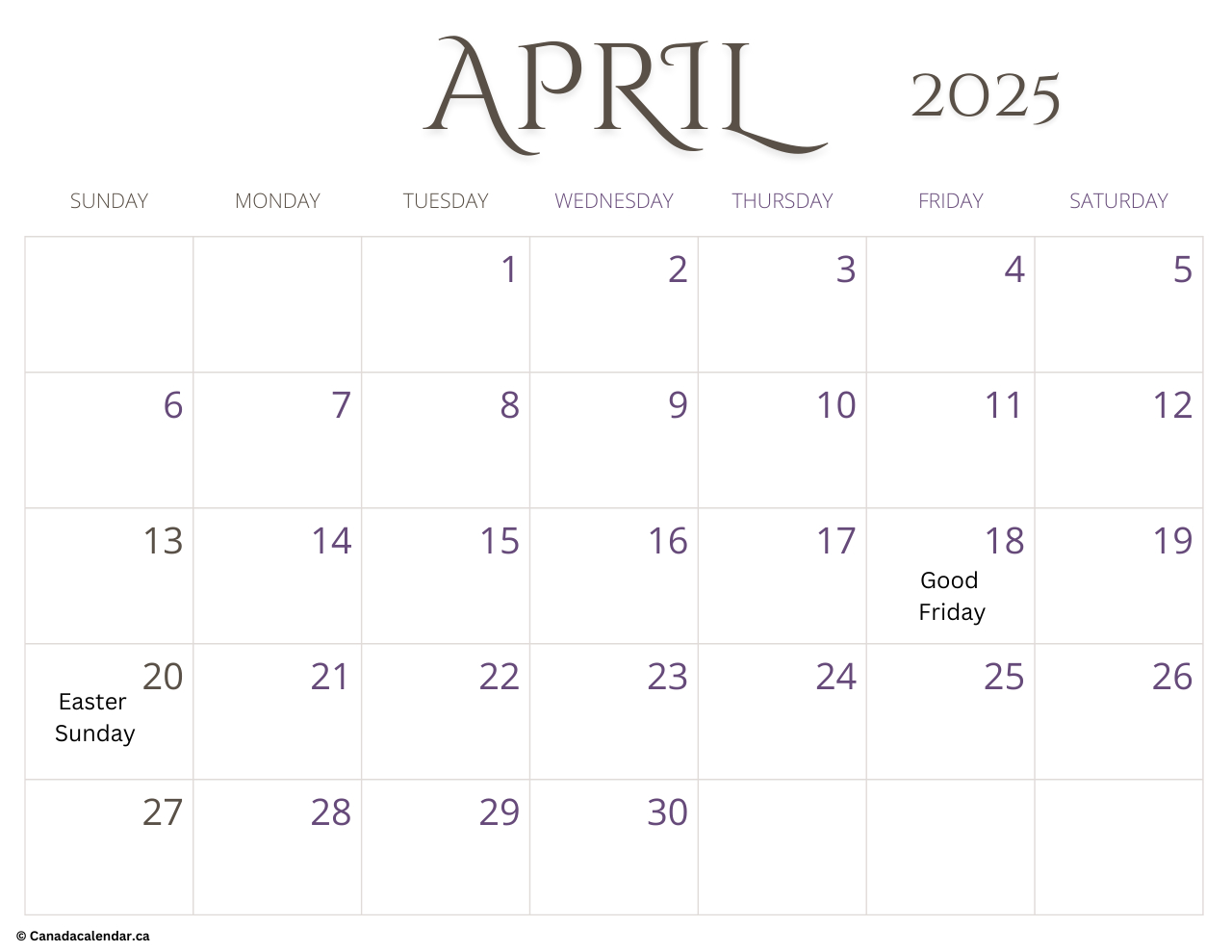 April 2025 Calendar With Holidays [Free Templates] - Free throughout April 2025 Calendar Printable Canada