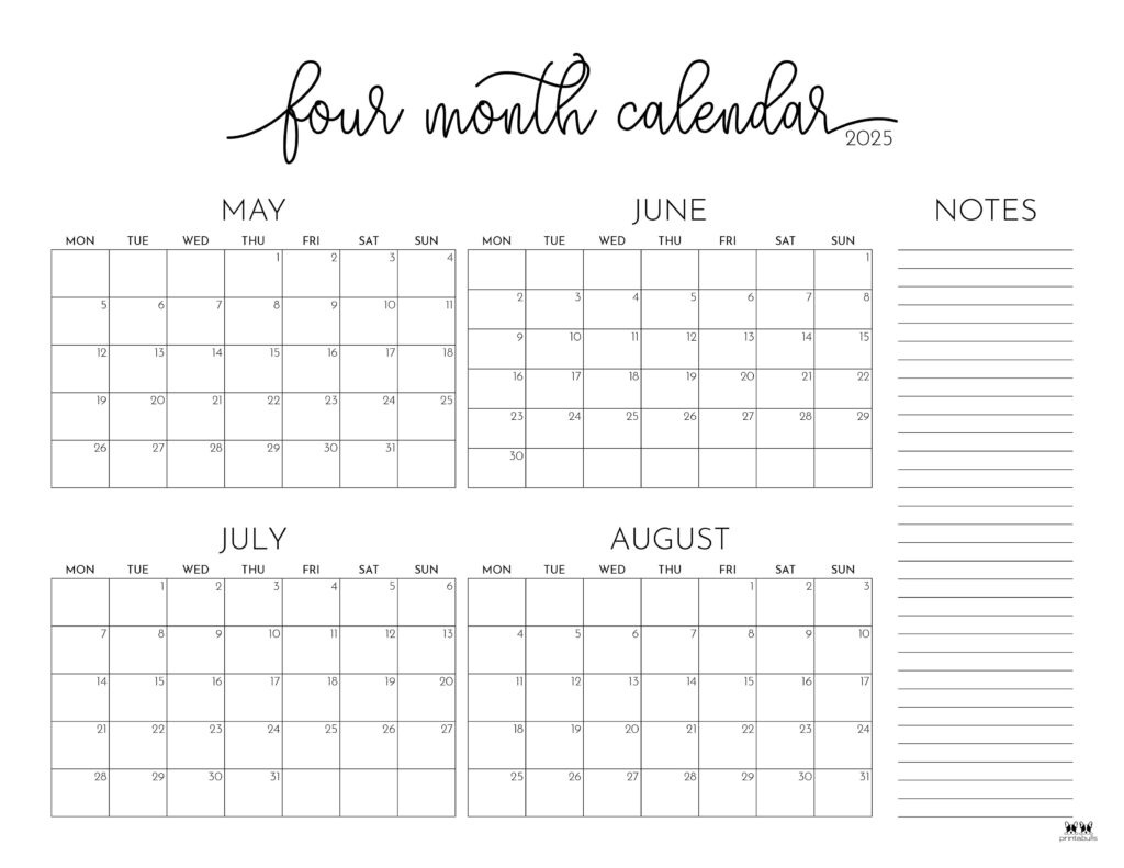 2025 Four Month Calendars - 31 Free Printables | Printabulls with Calendar For May and June 2025