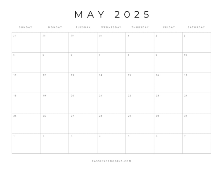 Month of May Calendar 2025 Printable