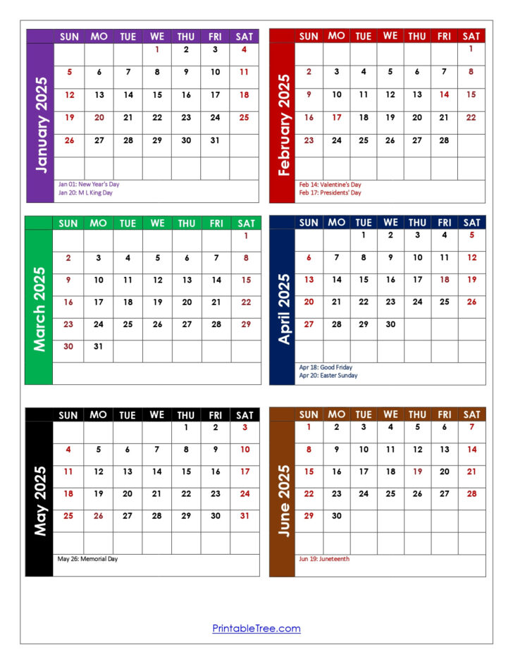 January Through May 2025 Printable Calendar