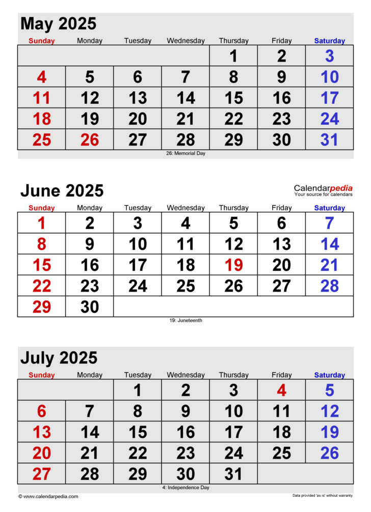 Calendar For May June and July 2025