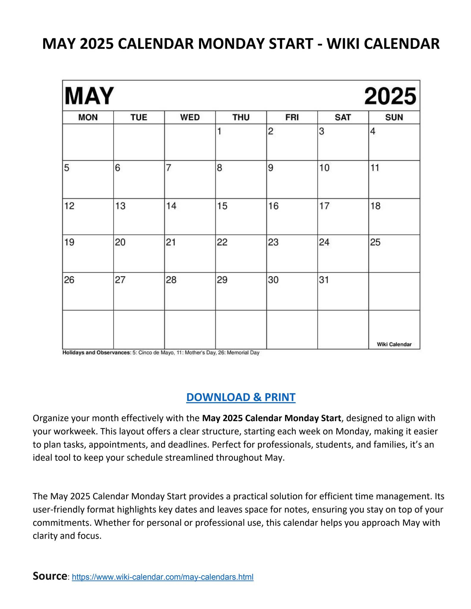 May 2025 Calendar Monday Start - Wiki Calendarwiki Calendar inside May 2025 Calendar Printable Wiki